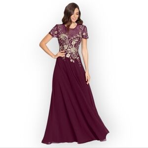 Nwt Betsy And Adam Ivanna Long Gold Embroidered Mesh Cap Sleeve Dress Size 12